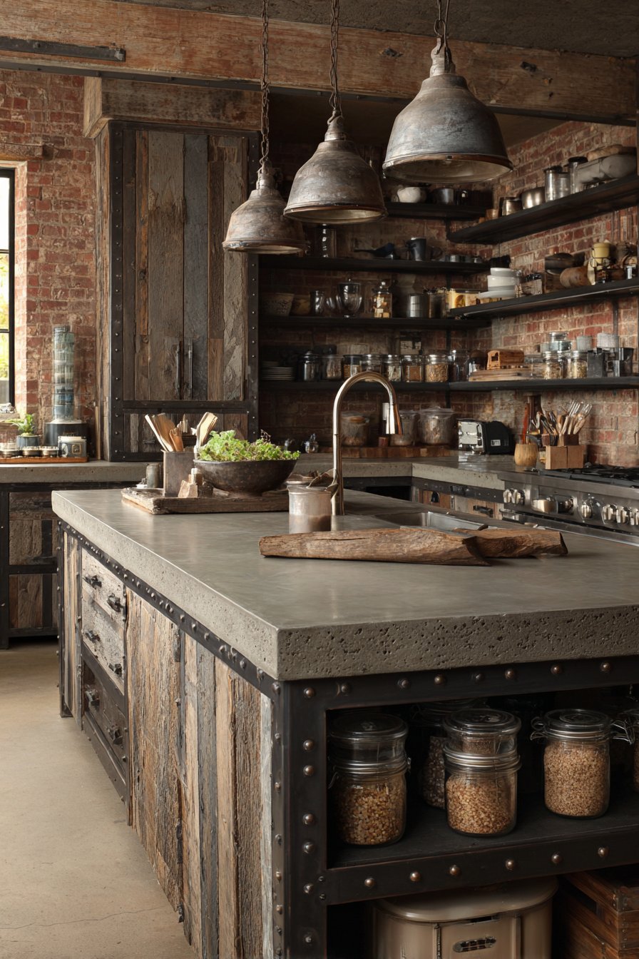 Weathered Wood Wall with Riveted Steel Island