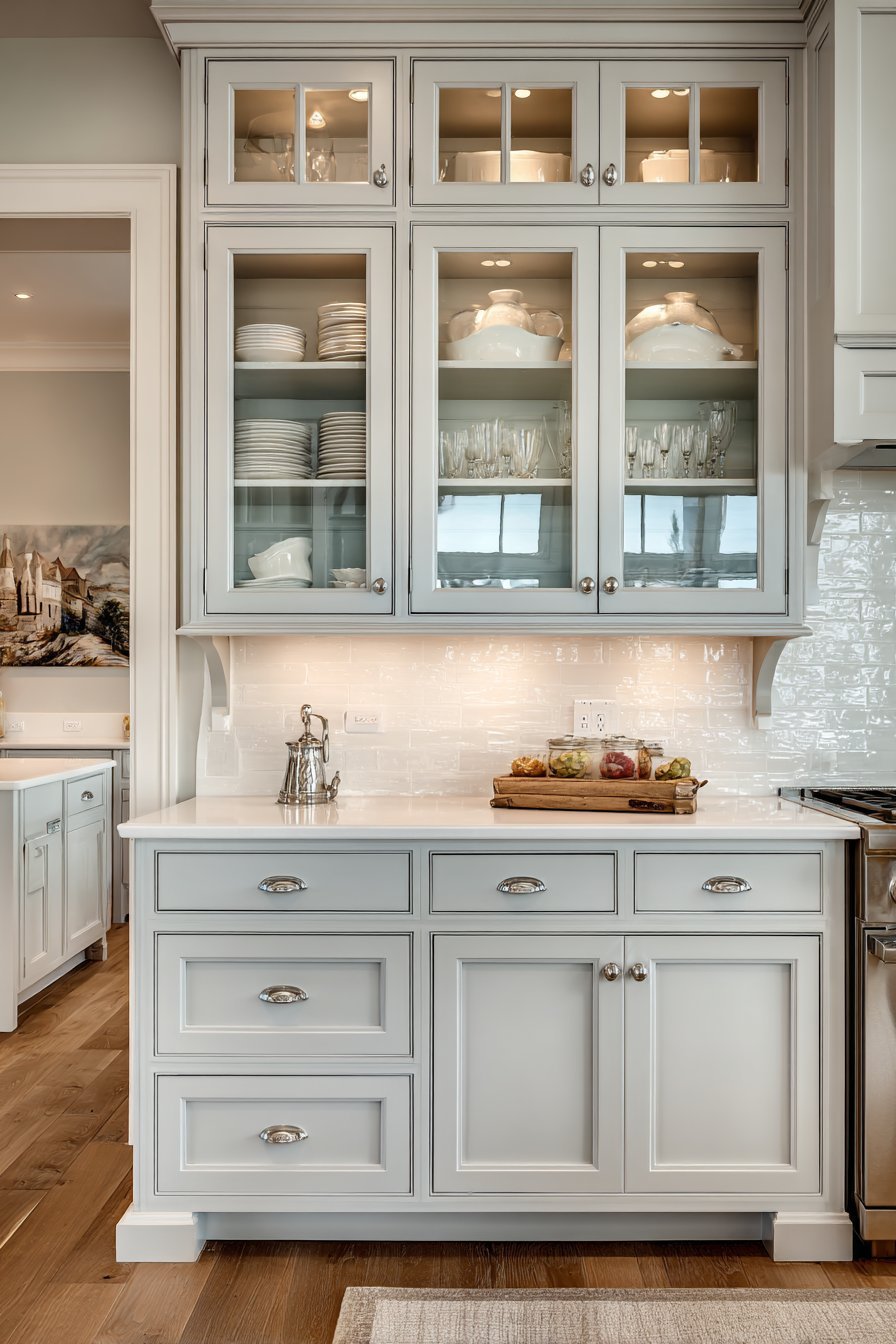 Glass-Front Muntins Grey Kitchen