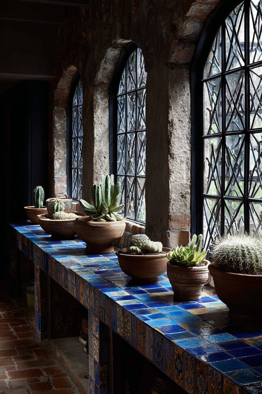 Arched Window Wall with Iron Grilles