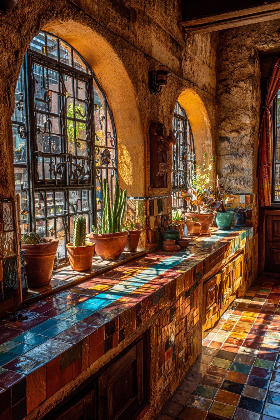 Arched Window Wall with Iron Grilles