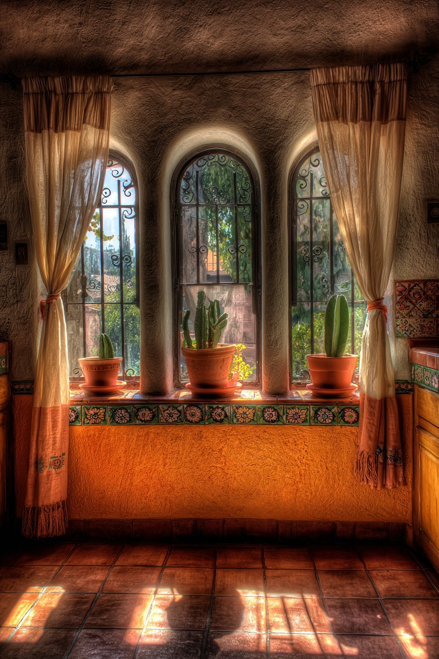 Arched Window Wall with Iron Grilles