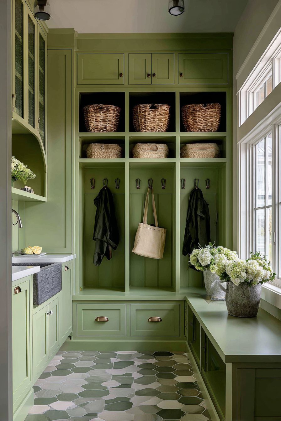 Practical Soft Green Mudroom Extension