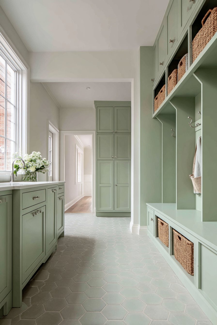 Practical Soft Green Mudroom Extension
