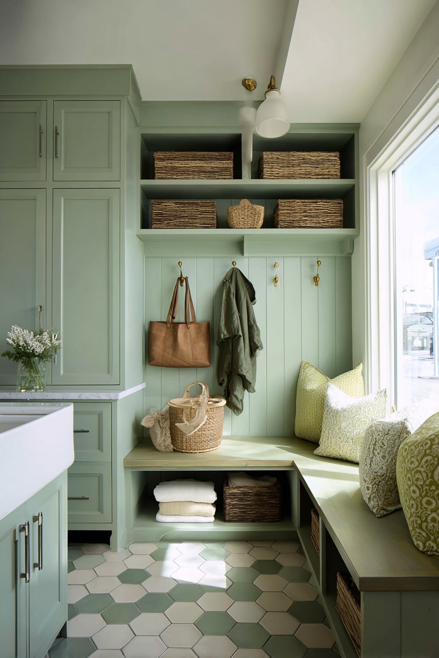 Practical Soft Green Mudroom Extension