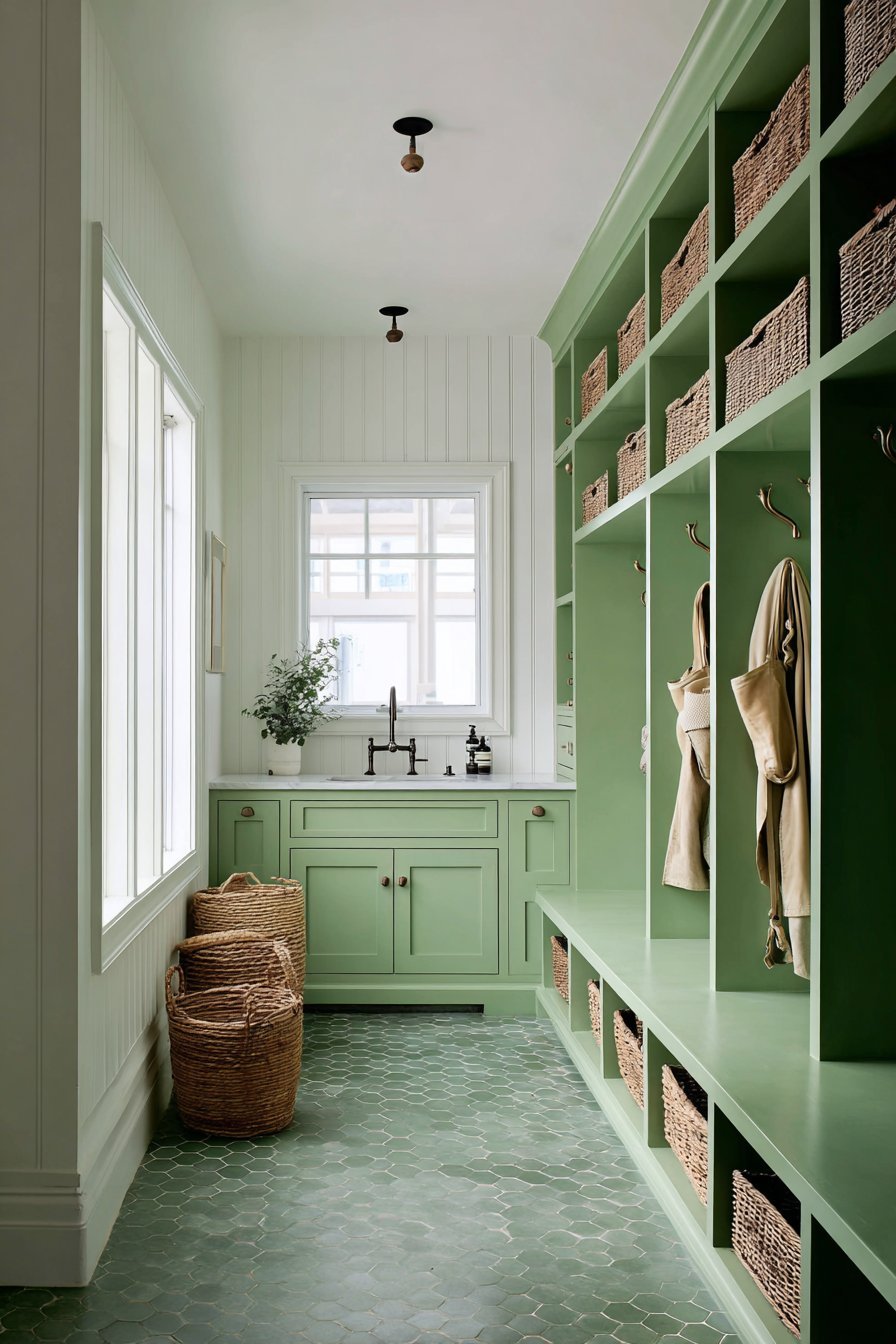 Practical Soft Green Mudroom Extension