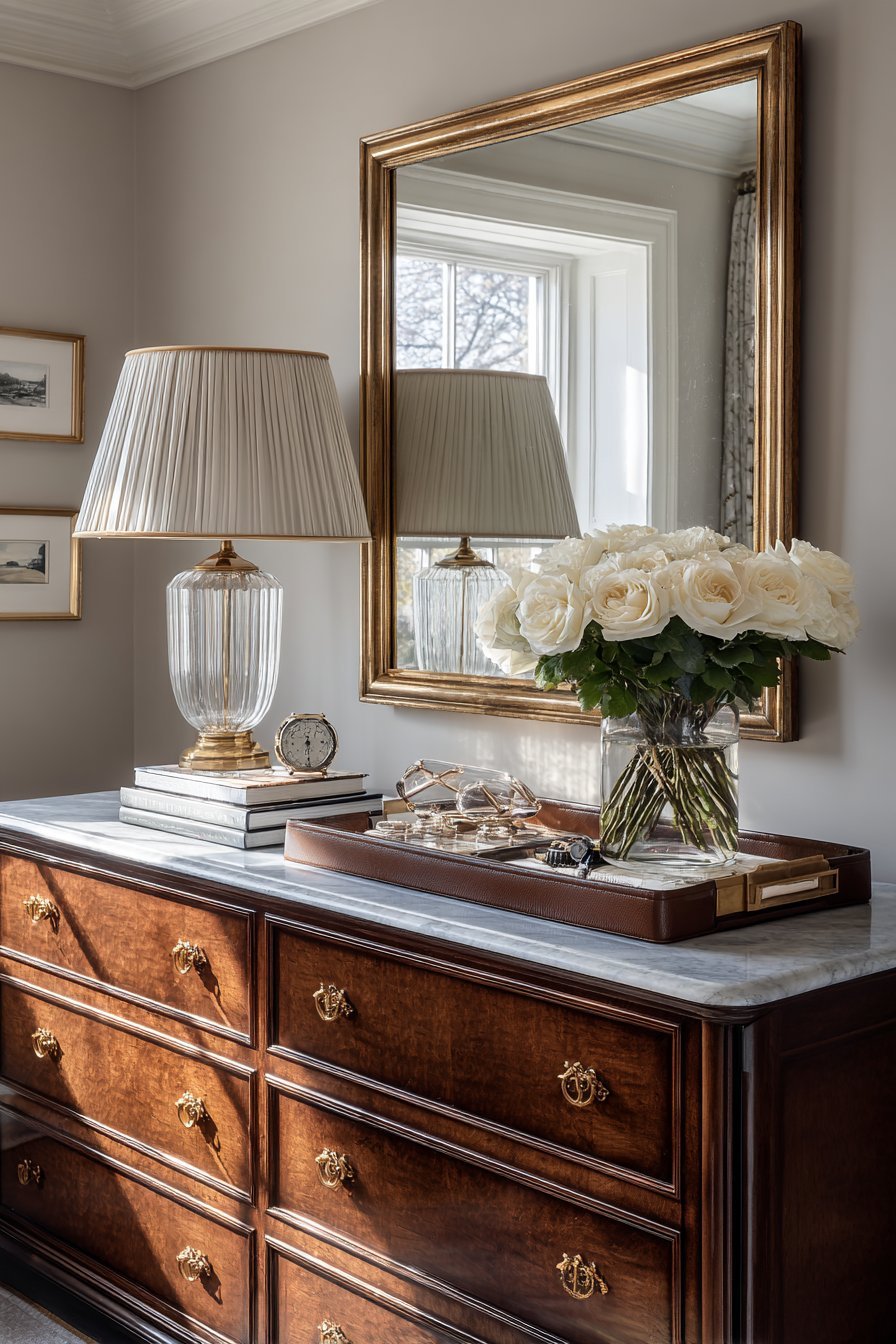 Mahogany Dresser Arrangement with Crystal Accents
