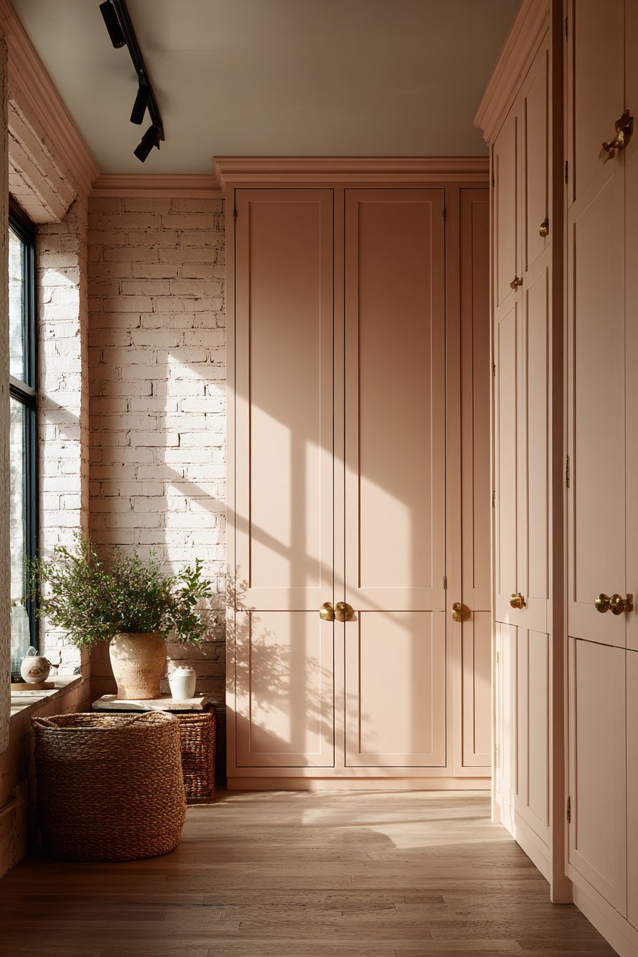 Built-In Storage with Coral-Pink Accents