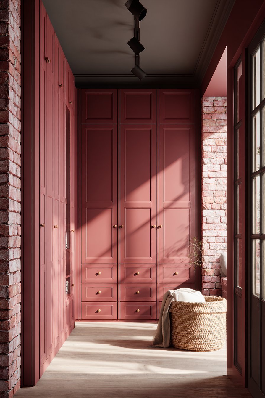 Built-In Storage with Coral-Pink Accents