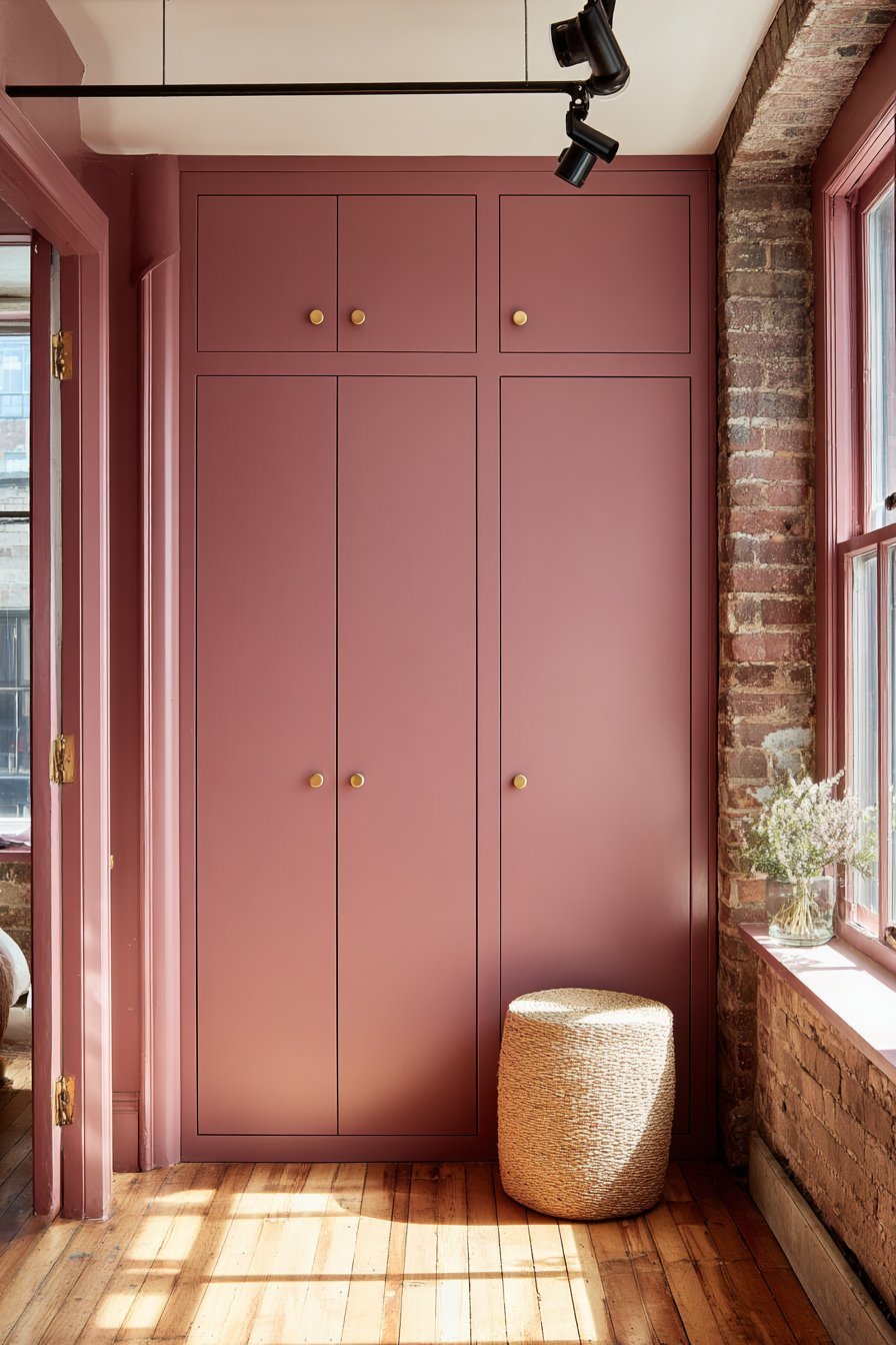 Built-In Storage with Coral-Pink Accents