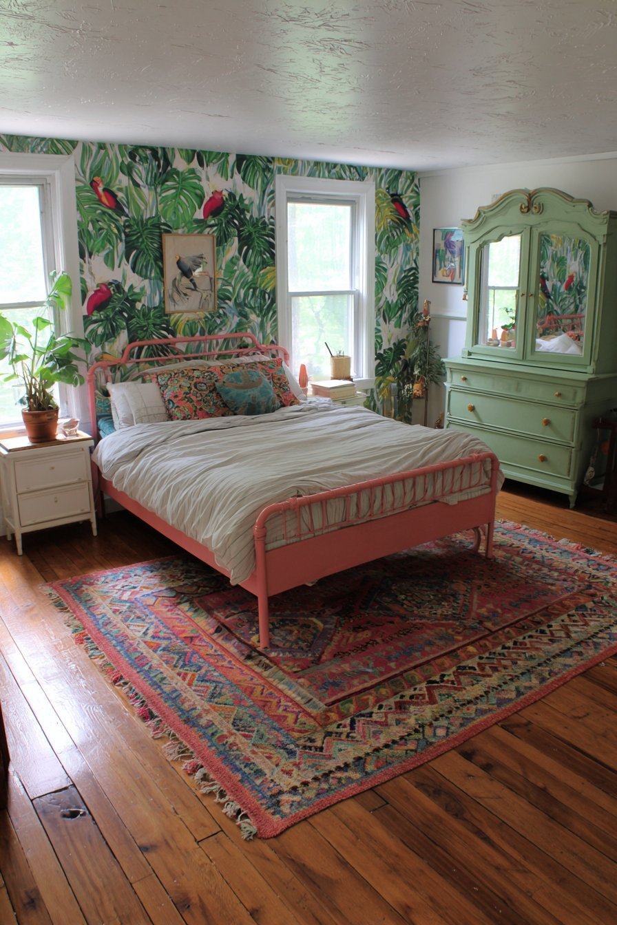 Tropical Wallpaper with Vintage Iron Bed
