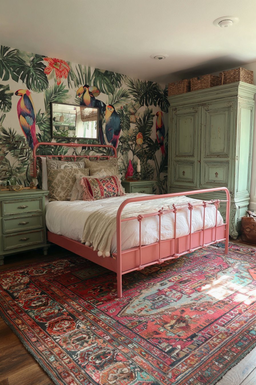 Tropical Wallpaper with Vintage Iron Bed