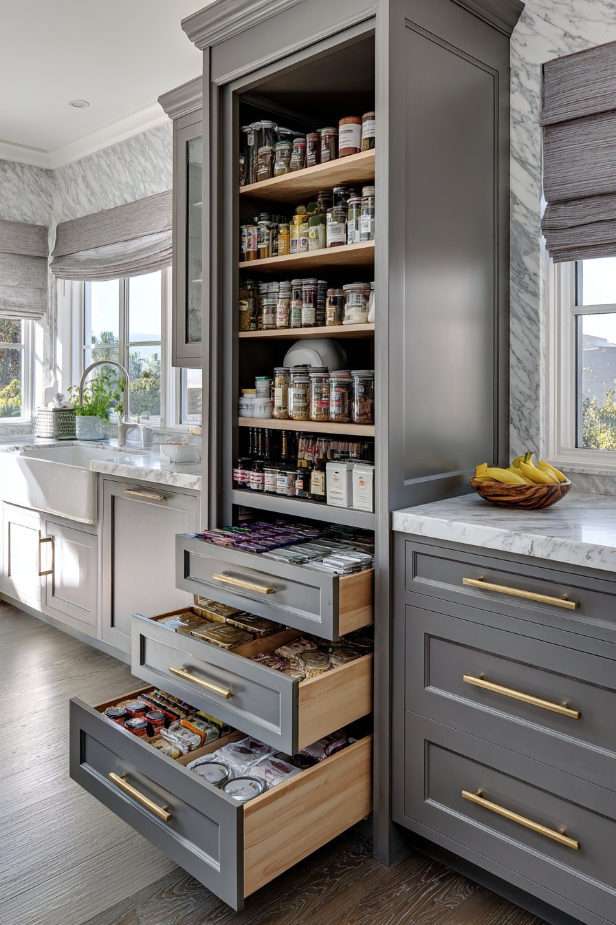 Transitional Grey Kitchen with Custom Storage