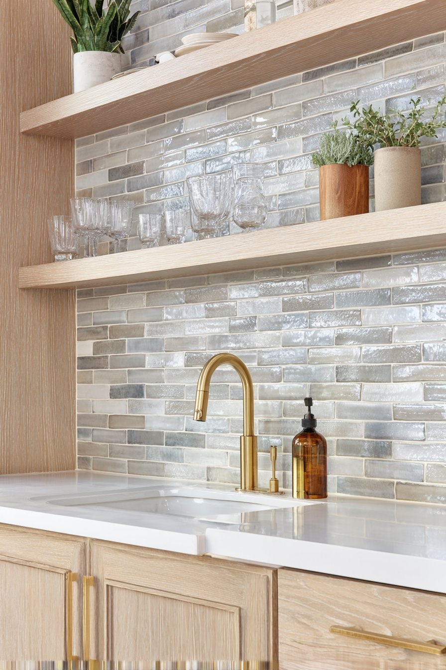 Handmade Grey Tile Backsplash with Open Shelving