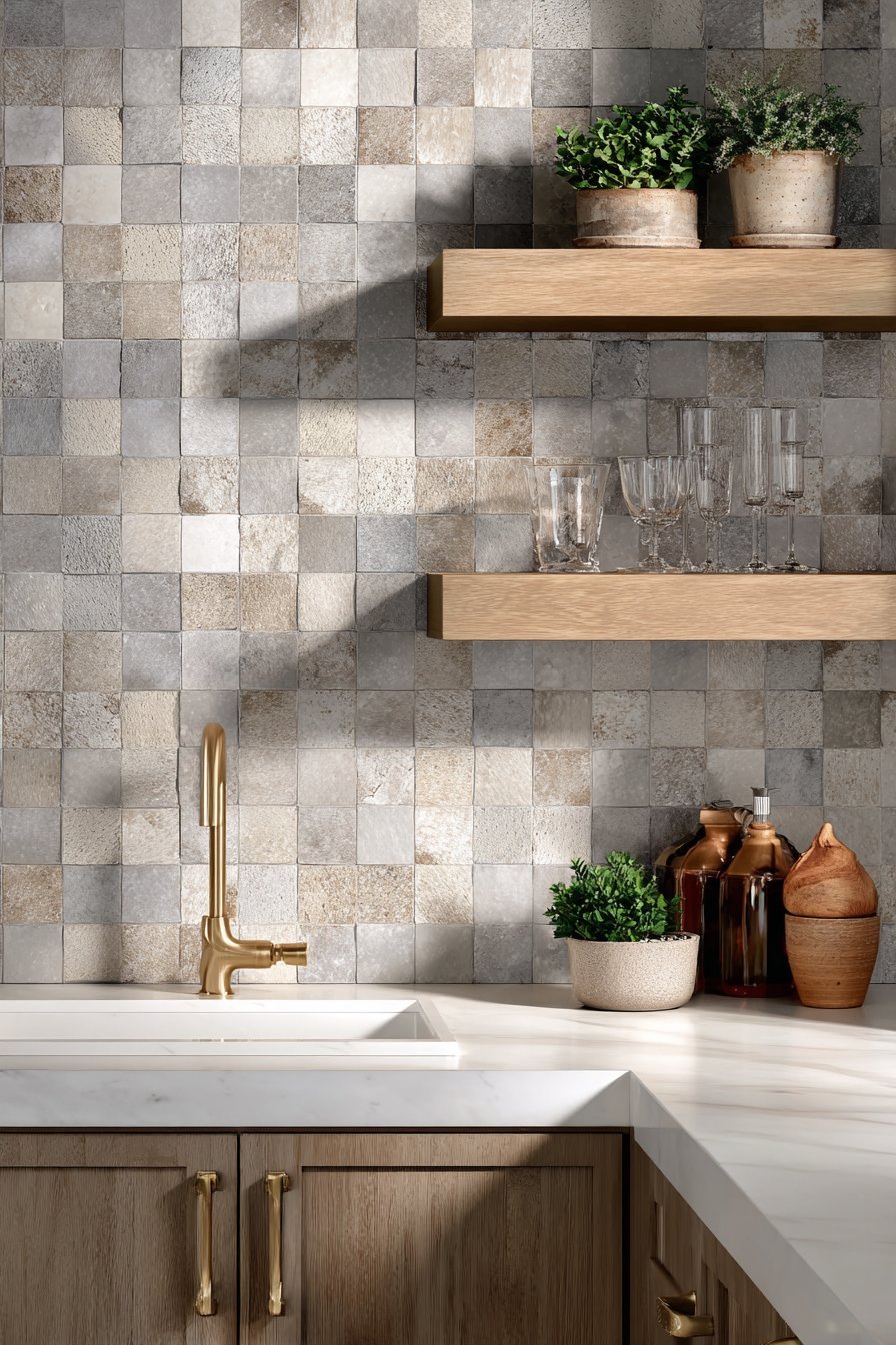 Handmade Grey Tile Backsplash with Open Shelving