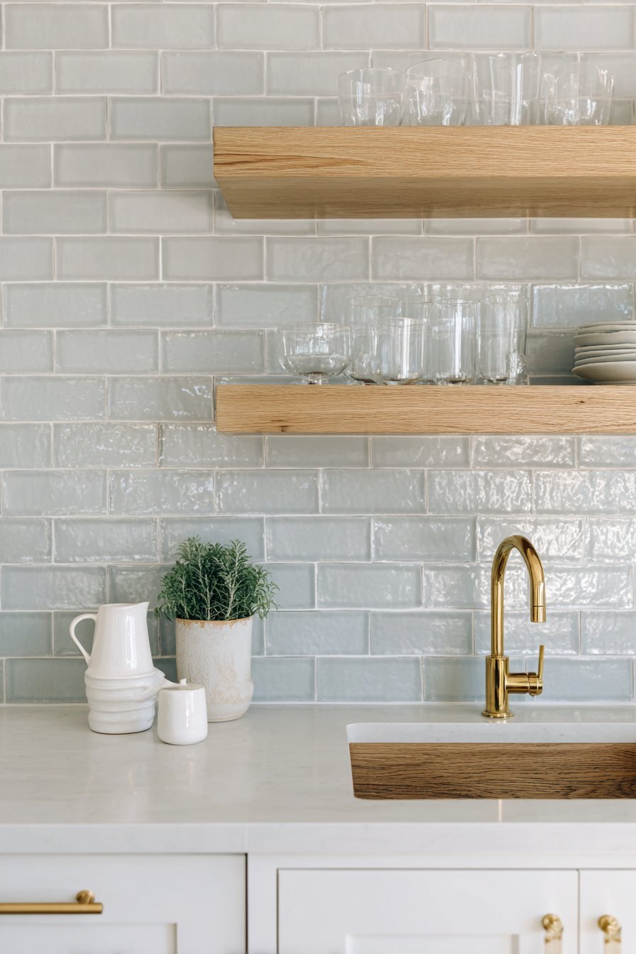 Handmade Grey Tile Backsplash with Open Shelving