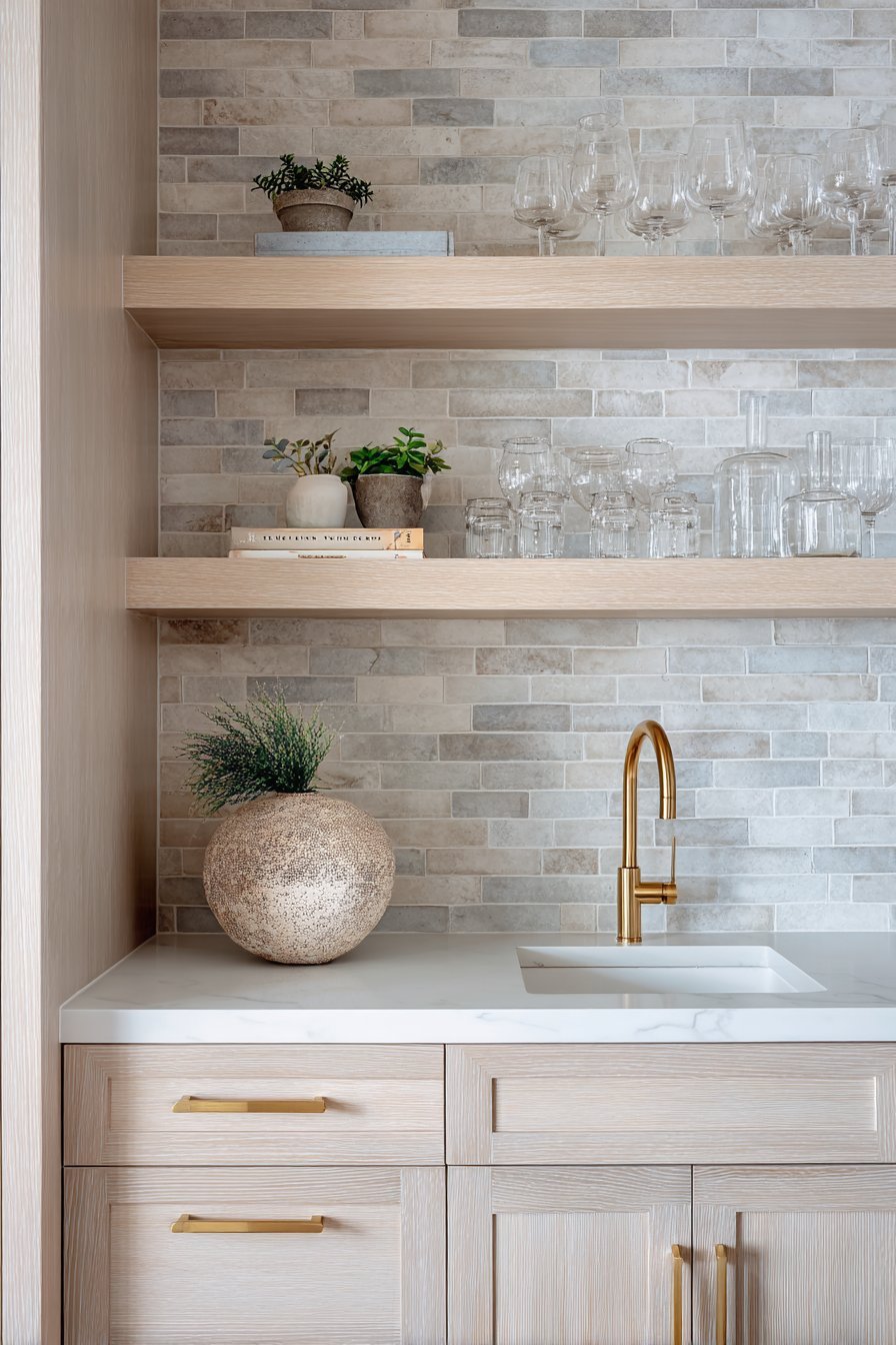 Handmade Grey Tile Backsplash with Open Shelving