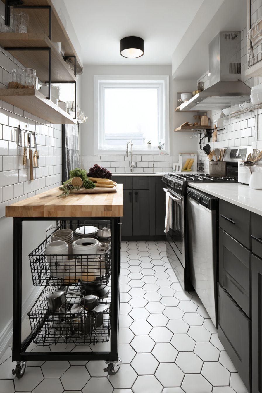 Navy Blue Kitchen with Mobile Butcher Block Island