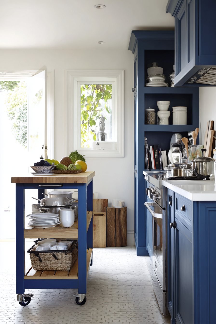 Navy Blue Kitchen with Mobile Butcher Block Island