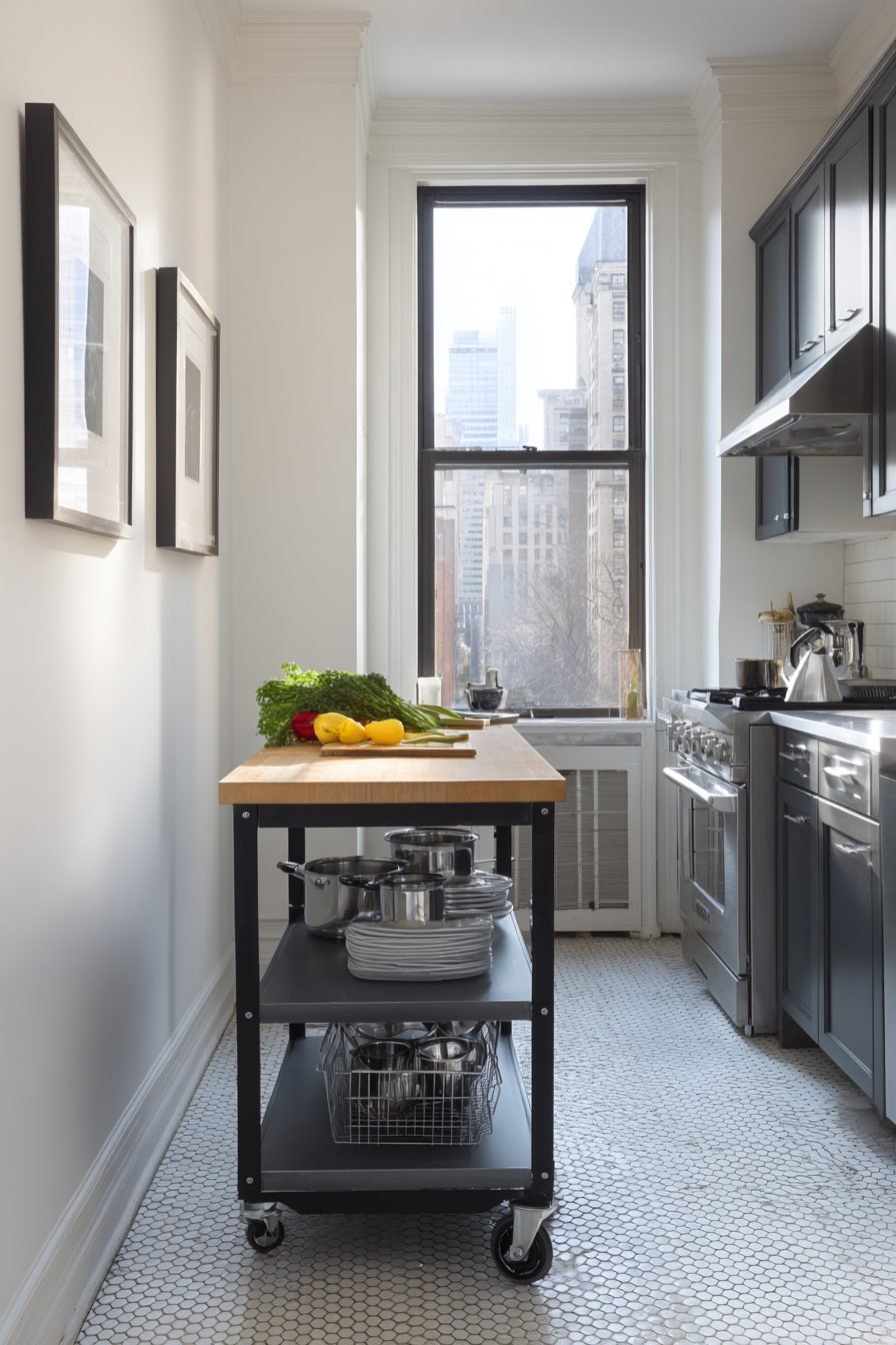 Navy Blue Kitchen with Mobile Butcher Block Island