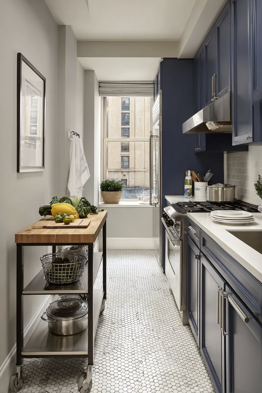 Navy Blue Kitchen with Mobile Butcher Block Island