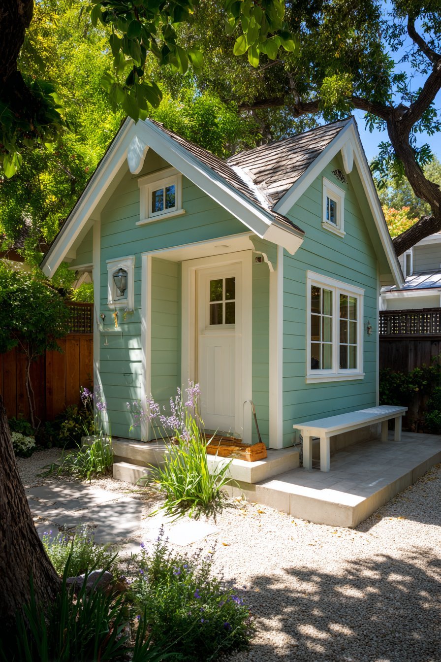 Sage Green Storage Shed with Covered Porch