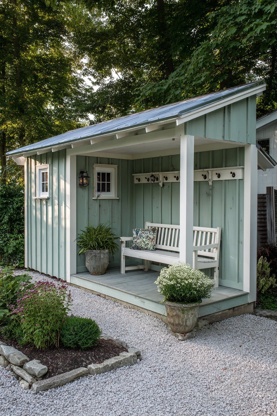 Sage Green Storage Shed with Covered Porch