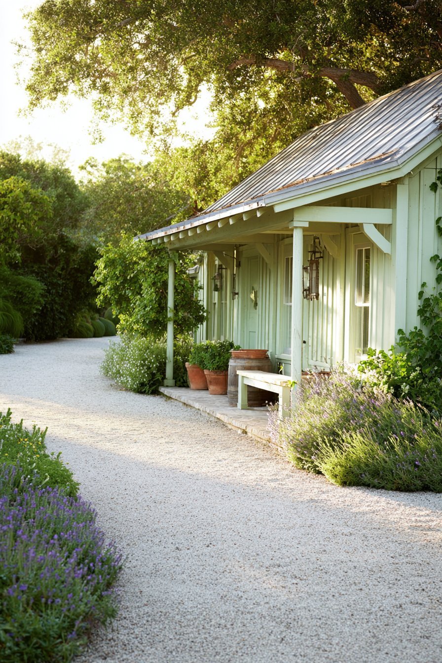 Sage Green Storage Shed with Covered Porch