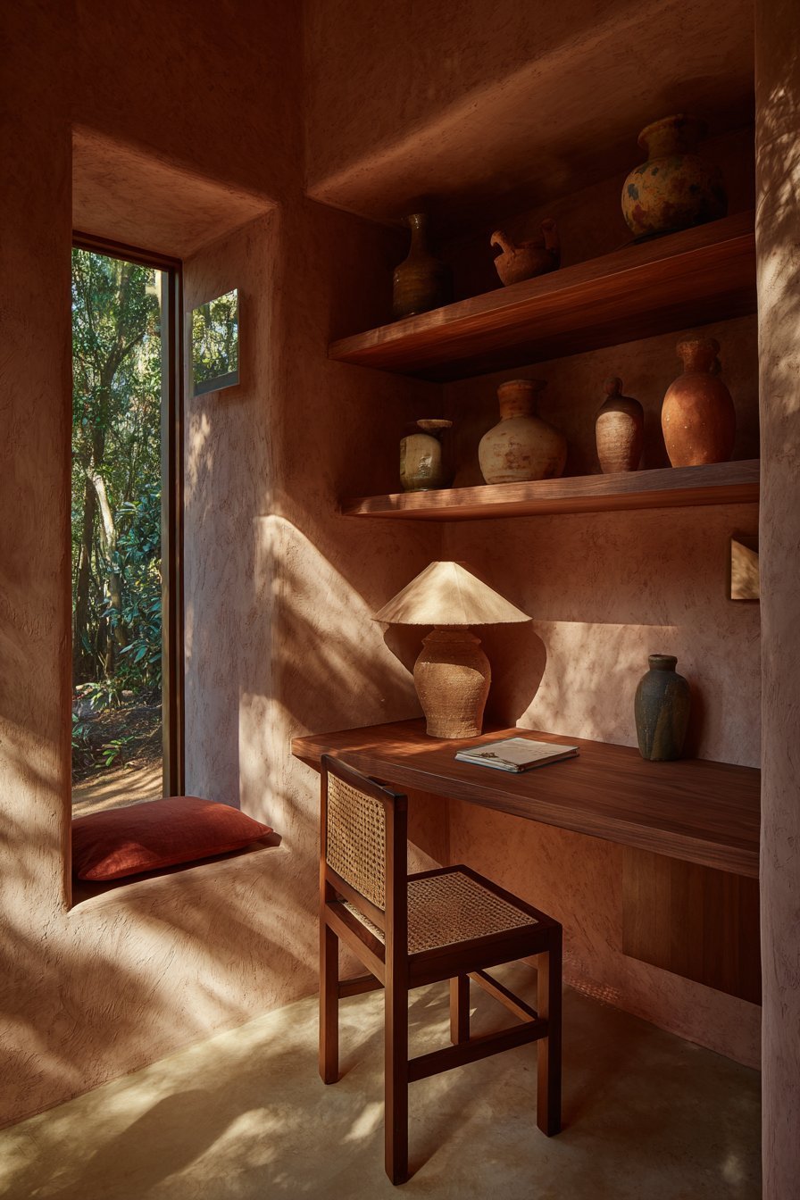 Walnut Workspace with Salmon-Pink Walls