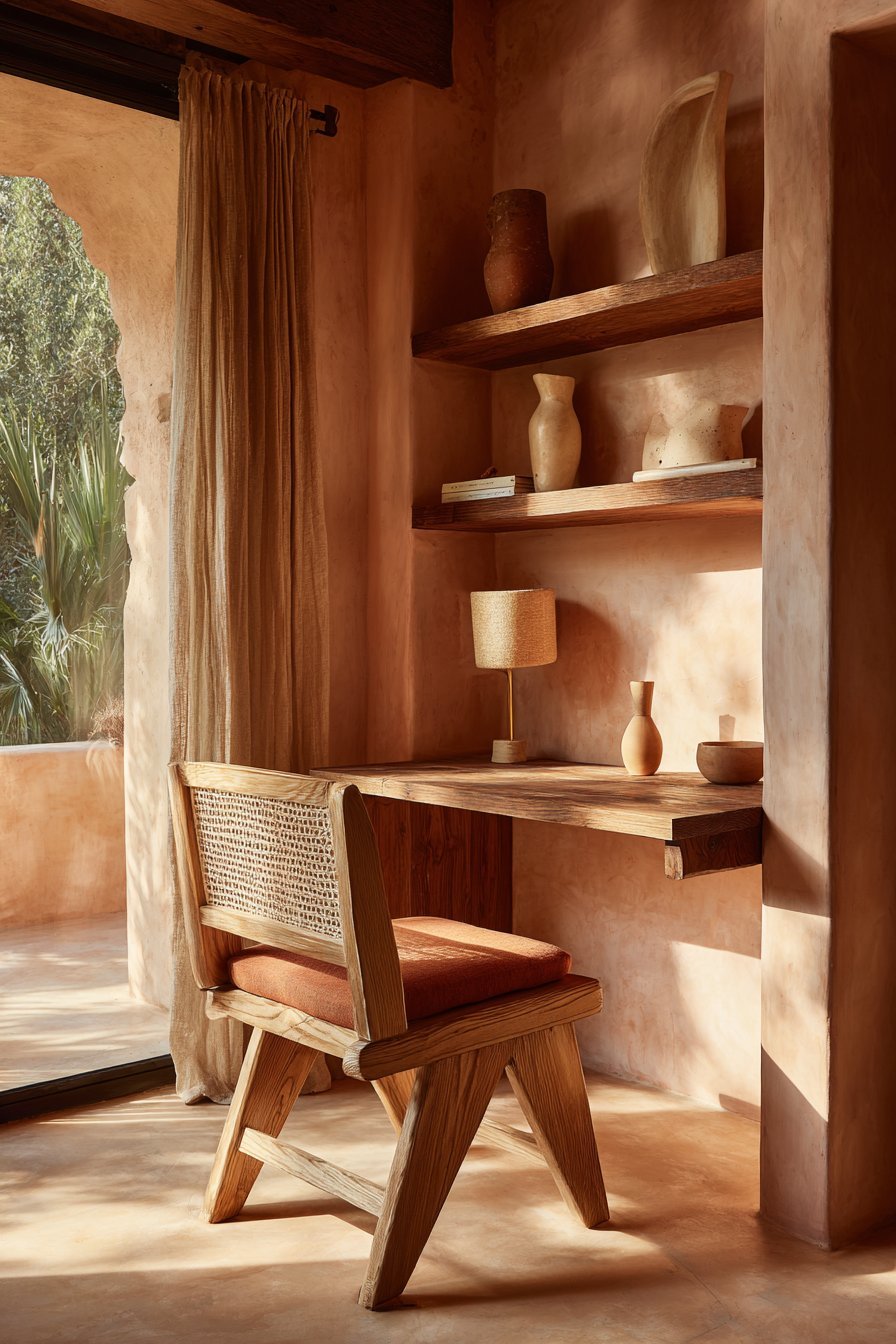 Walnut Workspace with Salmon-Pink Walls