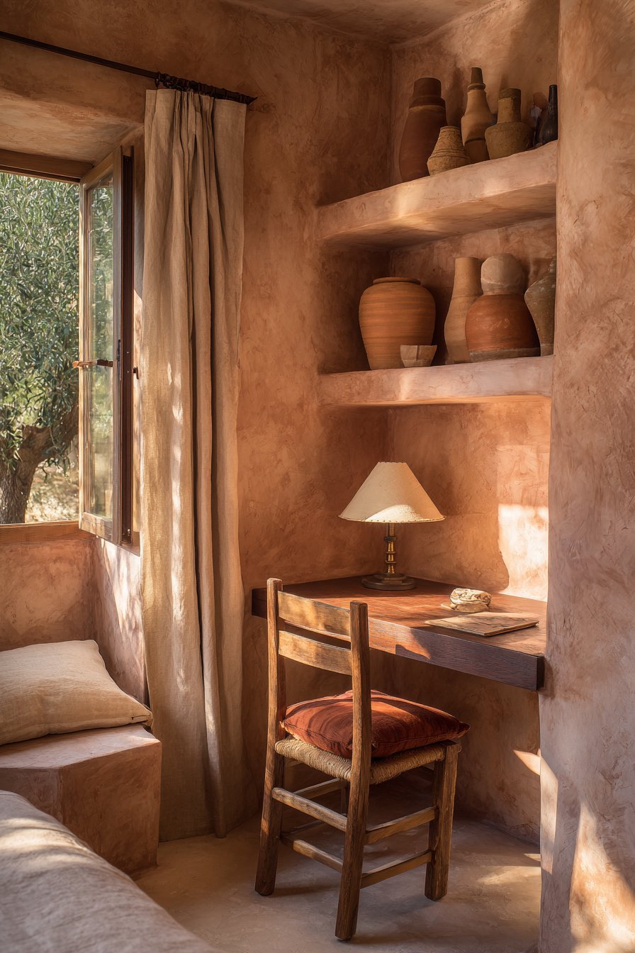 Walnut Workspace with Salmon-Pink Walls