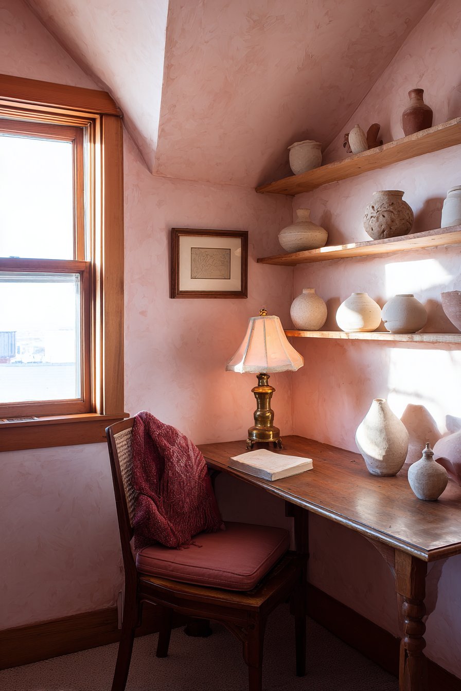 Walnut Workspace with Salmon-Pink Walls