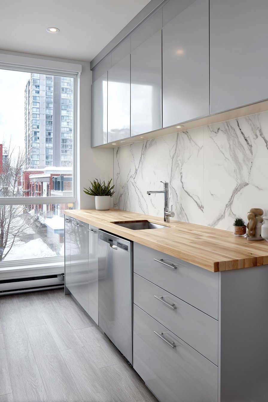 Compact Light Grey Apartment Kitchen