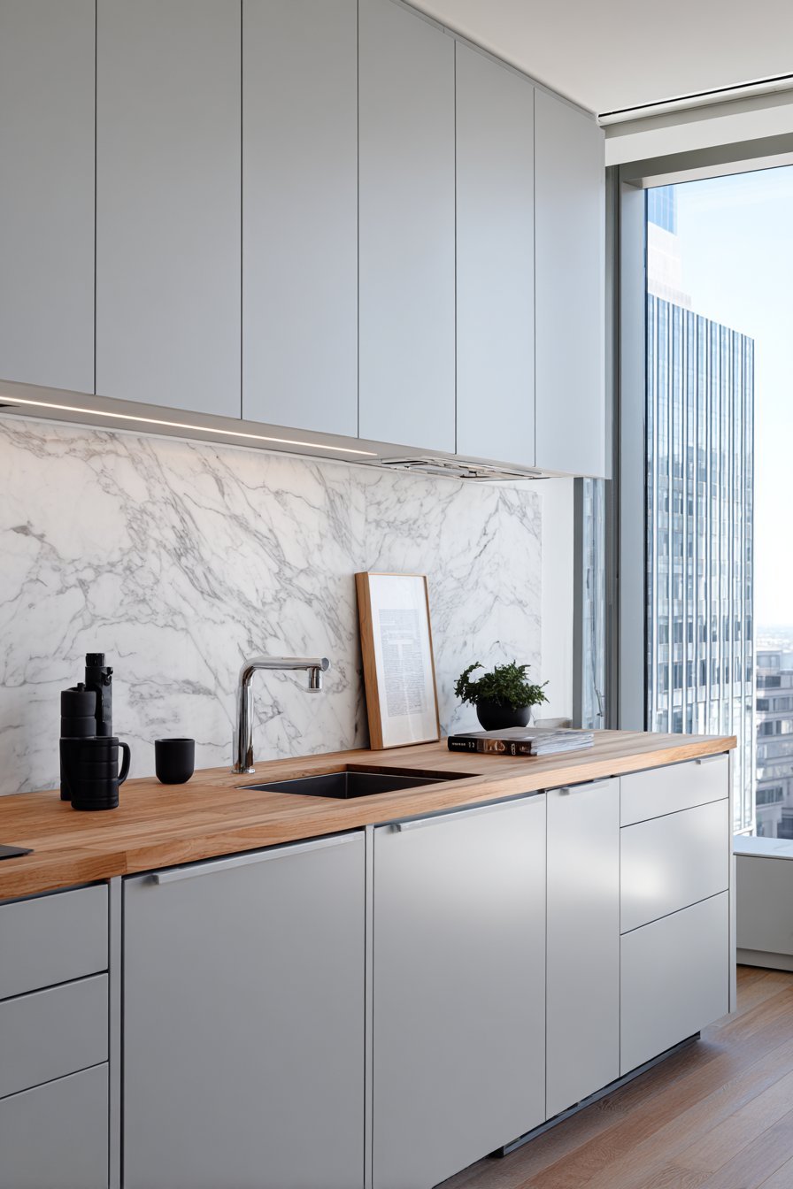 Compact Light Grey Apartment Kitchen