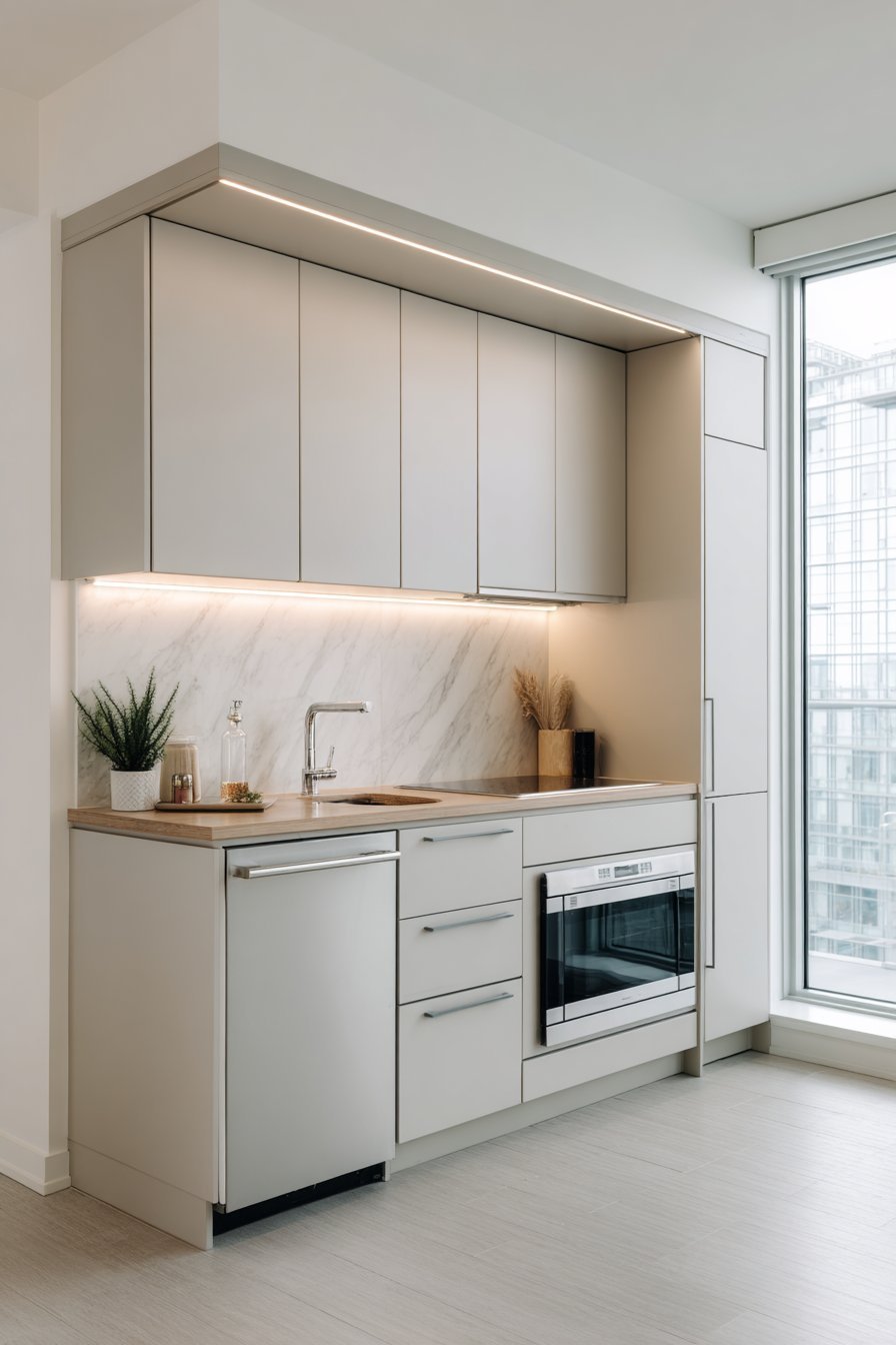 Compact Light Grey Apartment Kitchen