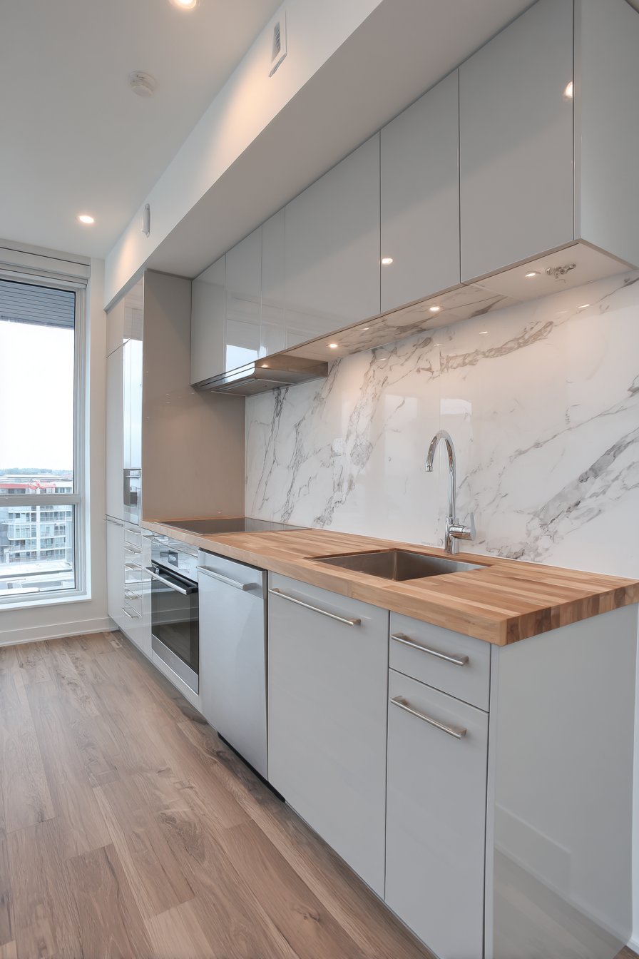 Compact Light Grey Apartment Kitchen