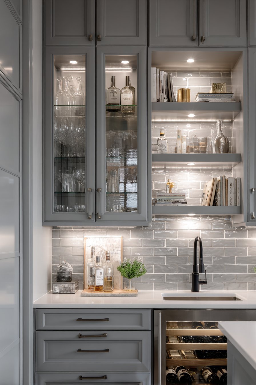 Full-Height Grey Cabinetry with Glass Display
