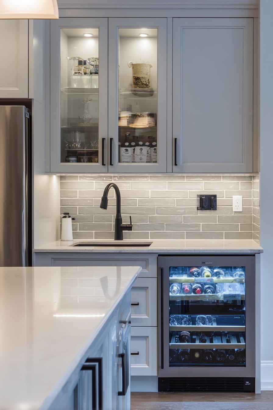 Full-Height Grey Cabinetry with Glass Display