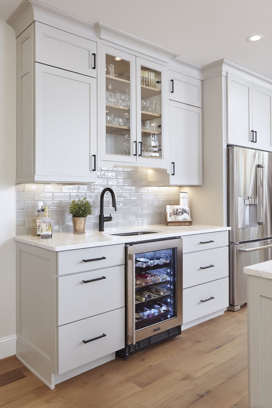 Full-Height Grey Cabinetry with Glass Display