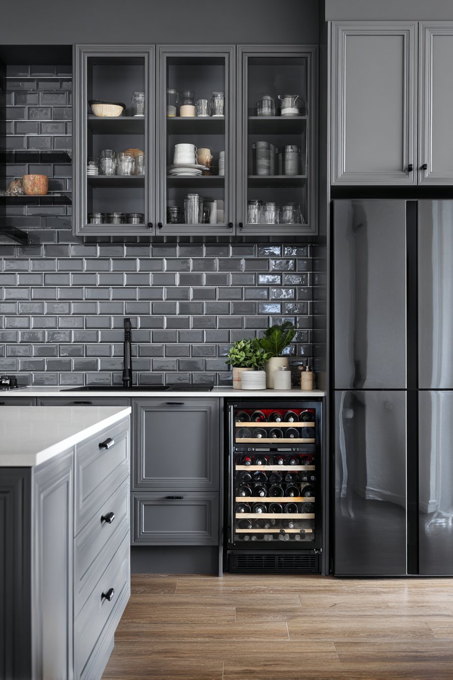 Full-Height Grey Cabinetry with Glass Display