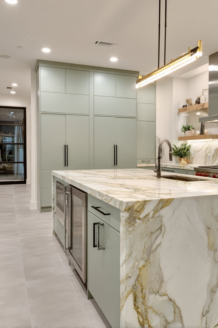 Contemporary Eucalyptus Kitchen with Gold Veining
