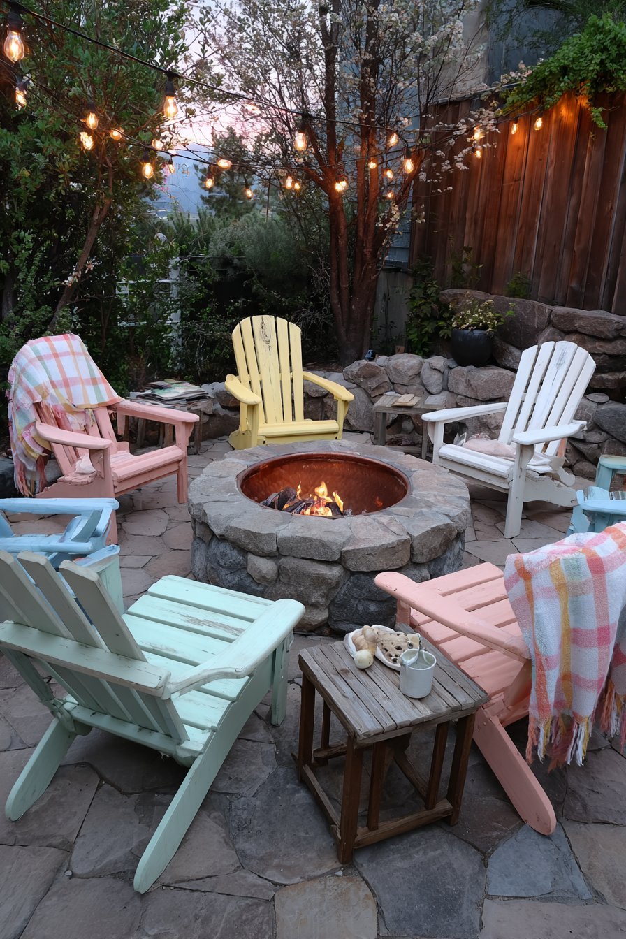 Circular Fire Pit with Colorful Adirondack Chairs