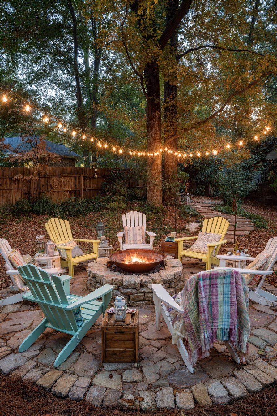 Circular Fire Pit with Colorful Adirondack Chairs