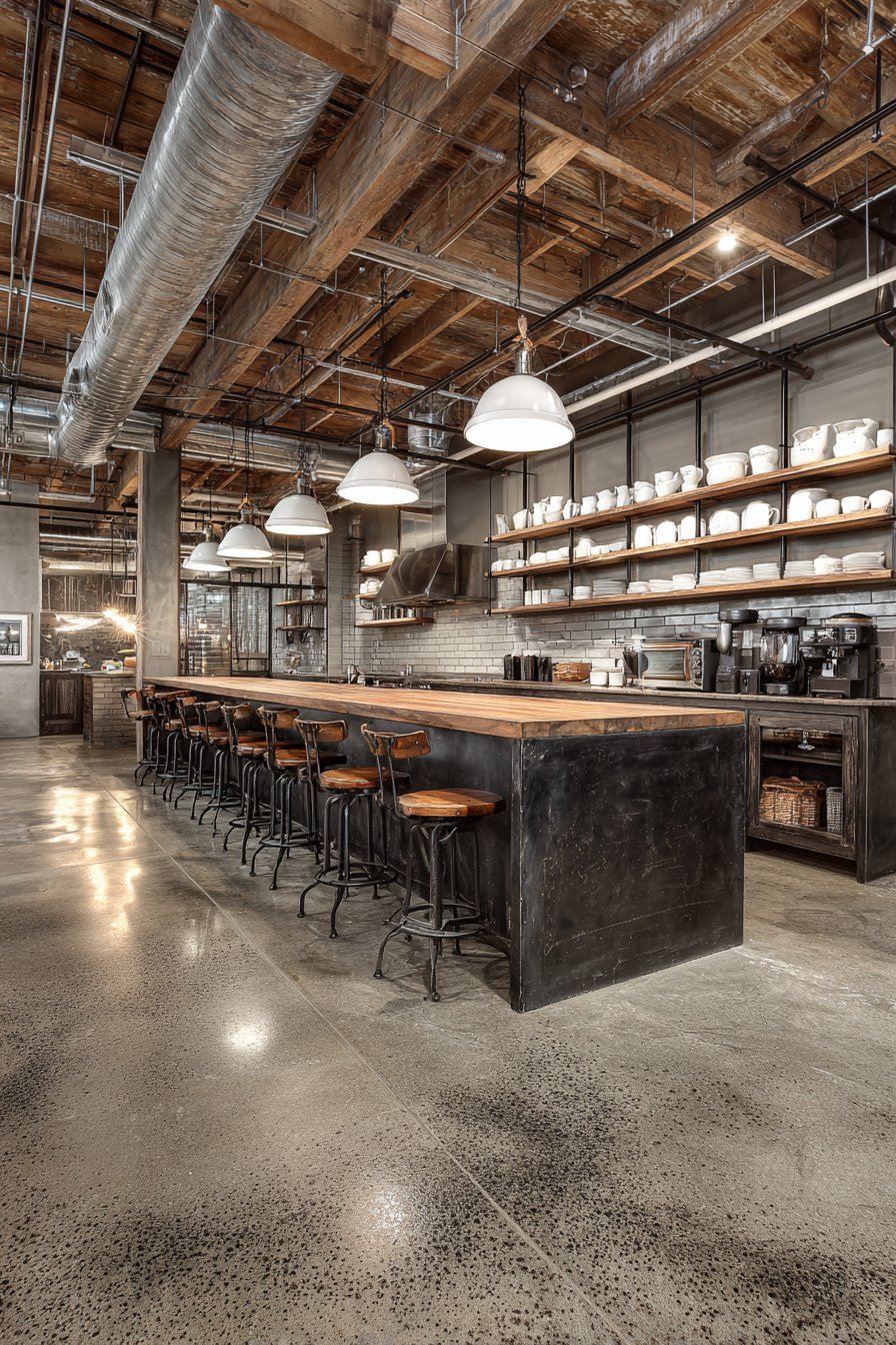 Polished Concrete Floor with Blackened Steel Island