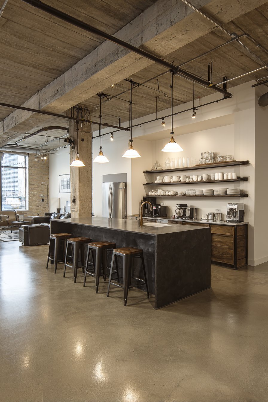 Polished Concrete Floor with Blackened Steel Island