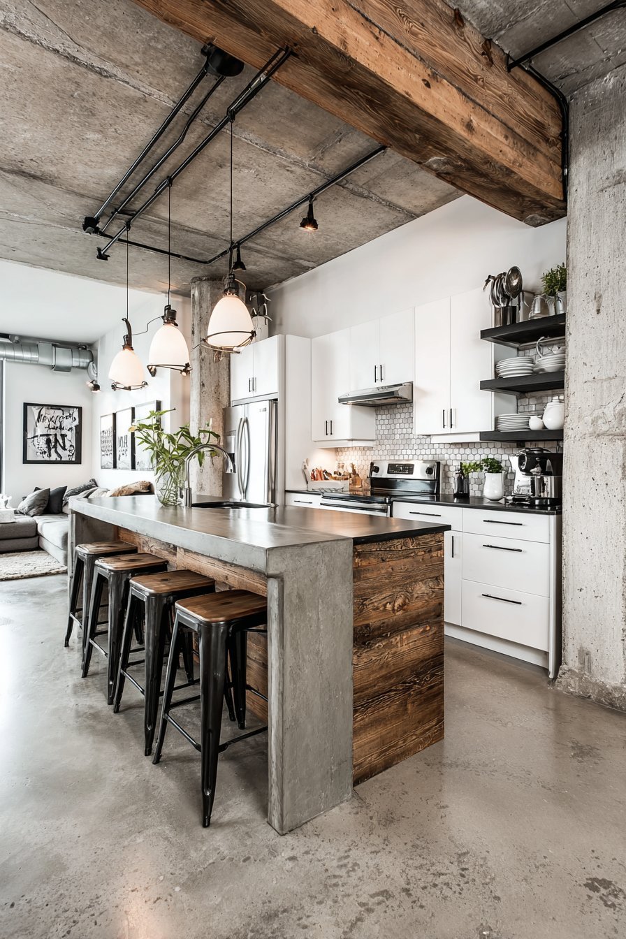 Polished Concrete Floor with Blackened Steel Island