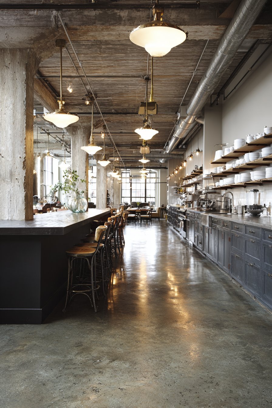 Polished Concrete Floor with Blackened Steel Island