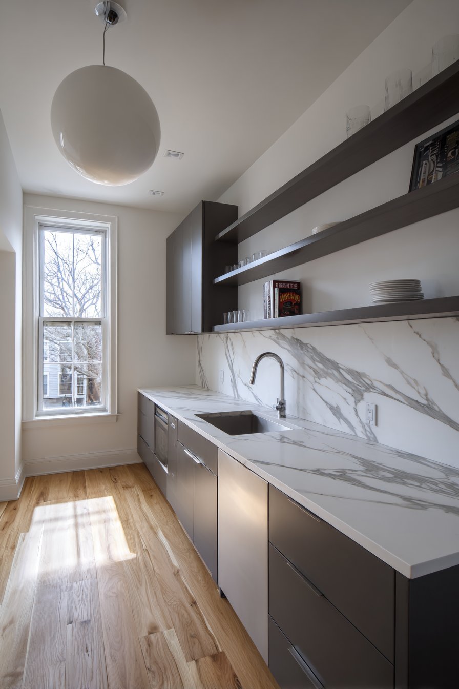 Charcoal and White Kitchen with Open Shelving