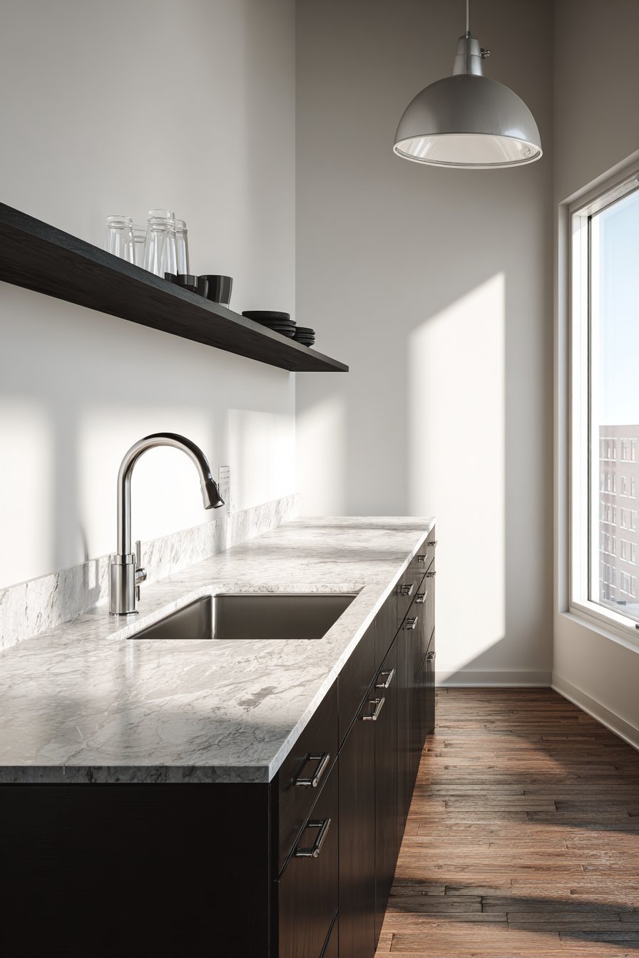 Charcoal and White Kitchen with Open Shelving