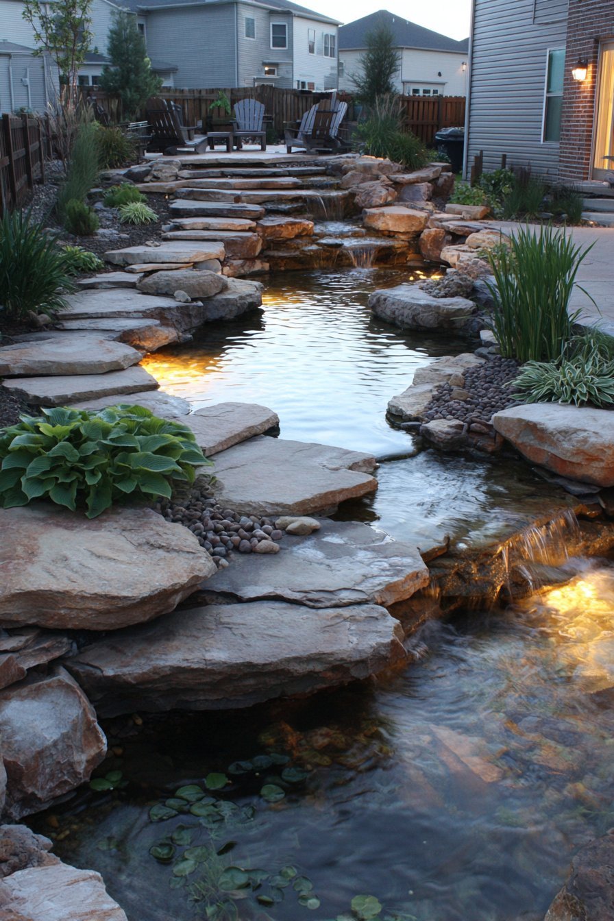 Naturalistic Pond with Multi-Level Waterfalls