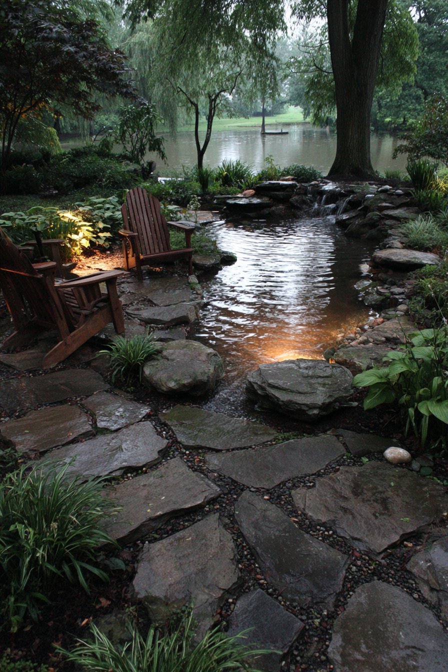 Naturalistic Pond with Multi-Level Waterfalls